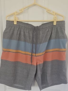 Kirkland Signature Gray Swim Trunks with Blue, Orange & Coral Stripe Bands